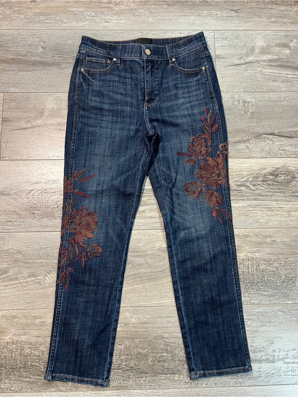 White House Black Market High Rise Straight Floral Embroidered Jeans indigo 4